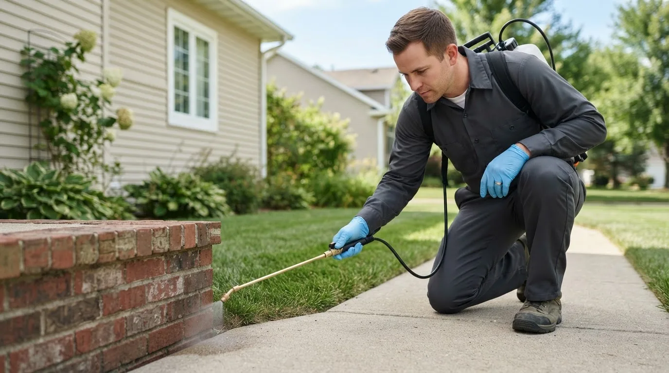 Pest control technician treating a home near Beverly, KS