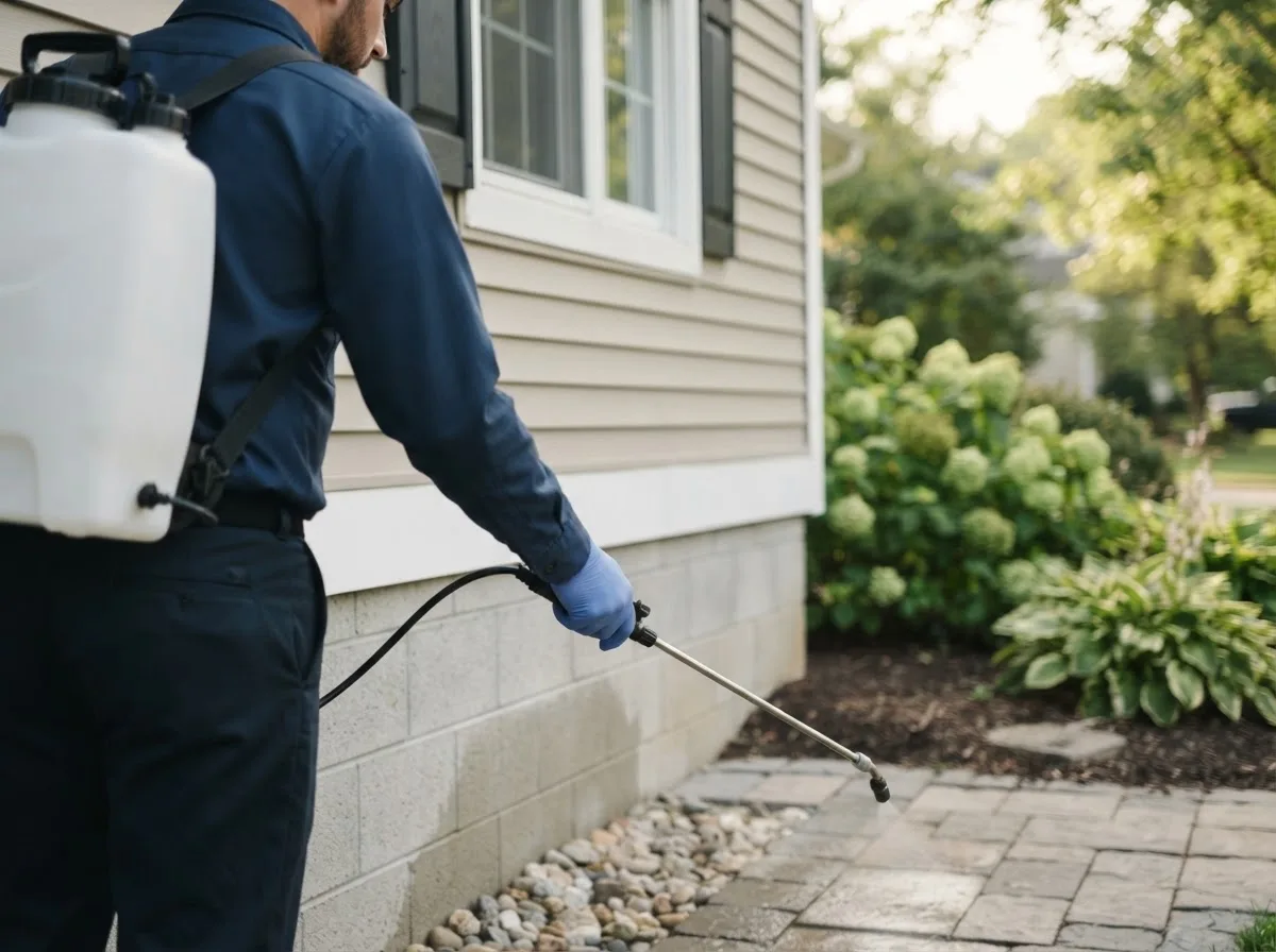 Pest control technician inspecting a home in Beverly, KS
